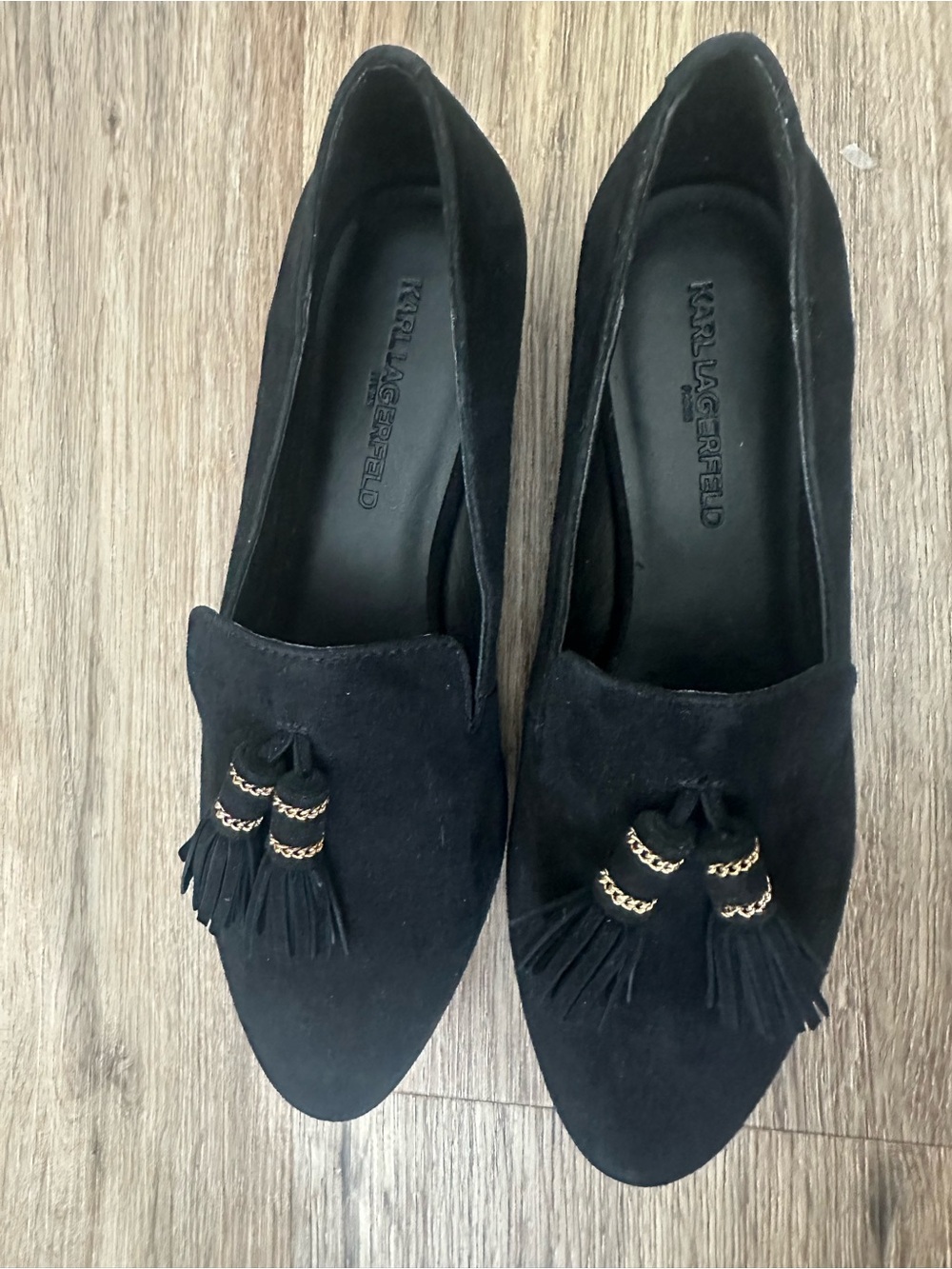 Karl Lagerfeld Black Suede Tassel Loafers with Gold Chain Detail